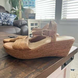 Stuart Weitzman Tan Neutral Jute Espadrille Sandal Wedge Heels